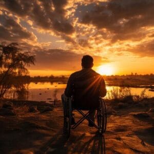 Silhouette of a wheelchair user against sunset portraying strength and unwavering spirit for social media post size ai generated free photo